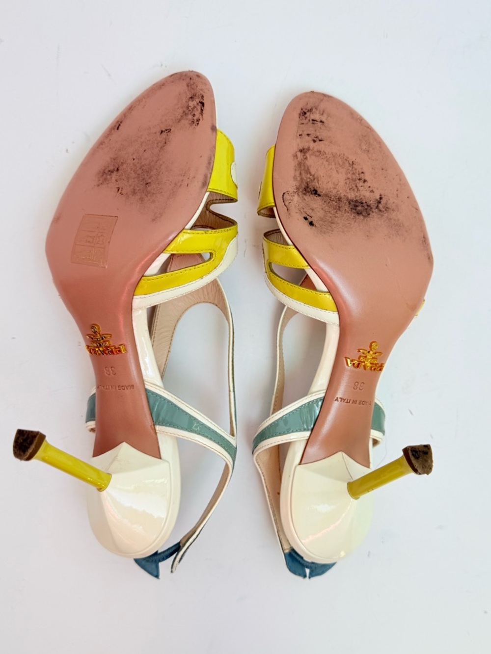 Prada 2012 Hot Rod Flame Patent Cutout Slingback Heels 38 Ivory Yellow Sage - Picture 12 of 13